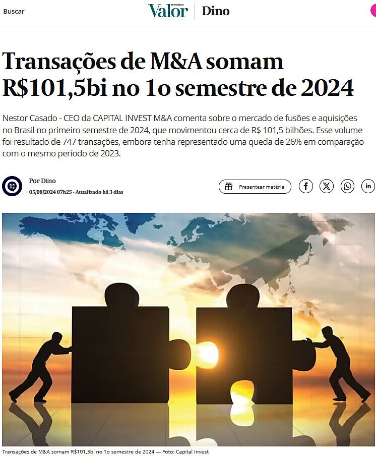 Transaes de M&A somam R$101,5bi no 1o semestre de 2024